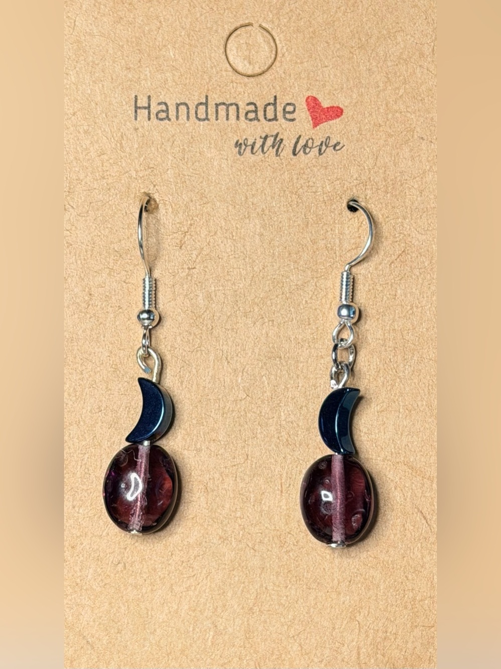 ✨Handmade✨ Navy Crescent & Burgundy Glass Bead Earrings - Hypoallergenic